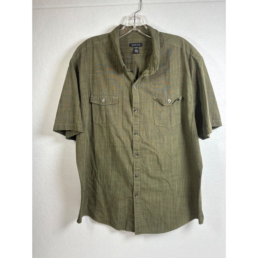 Van Heusen Shirt Mens XL Green Short Sleeve Cotton Blend Casual Classic Preppy